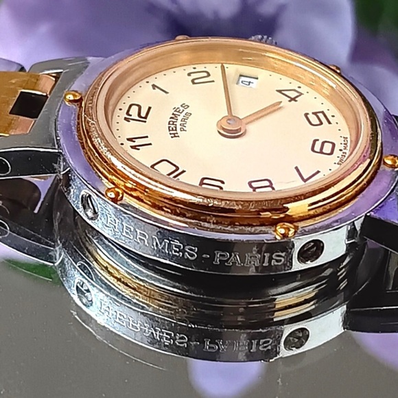 🎉SOLD🎊Hermès✨Ivory Yellow Gold Plated Stainless Steel Clipper Quartz Wristwatch - Picture 12 of 15
